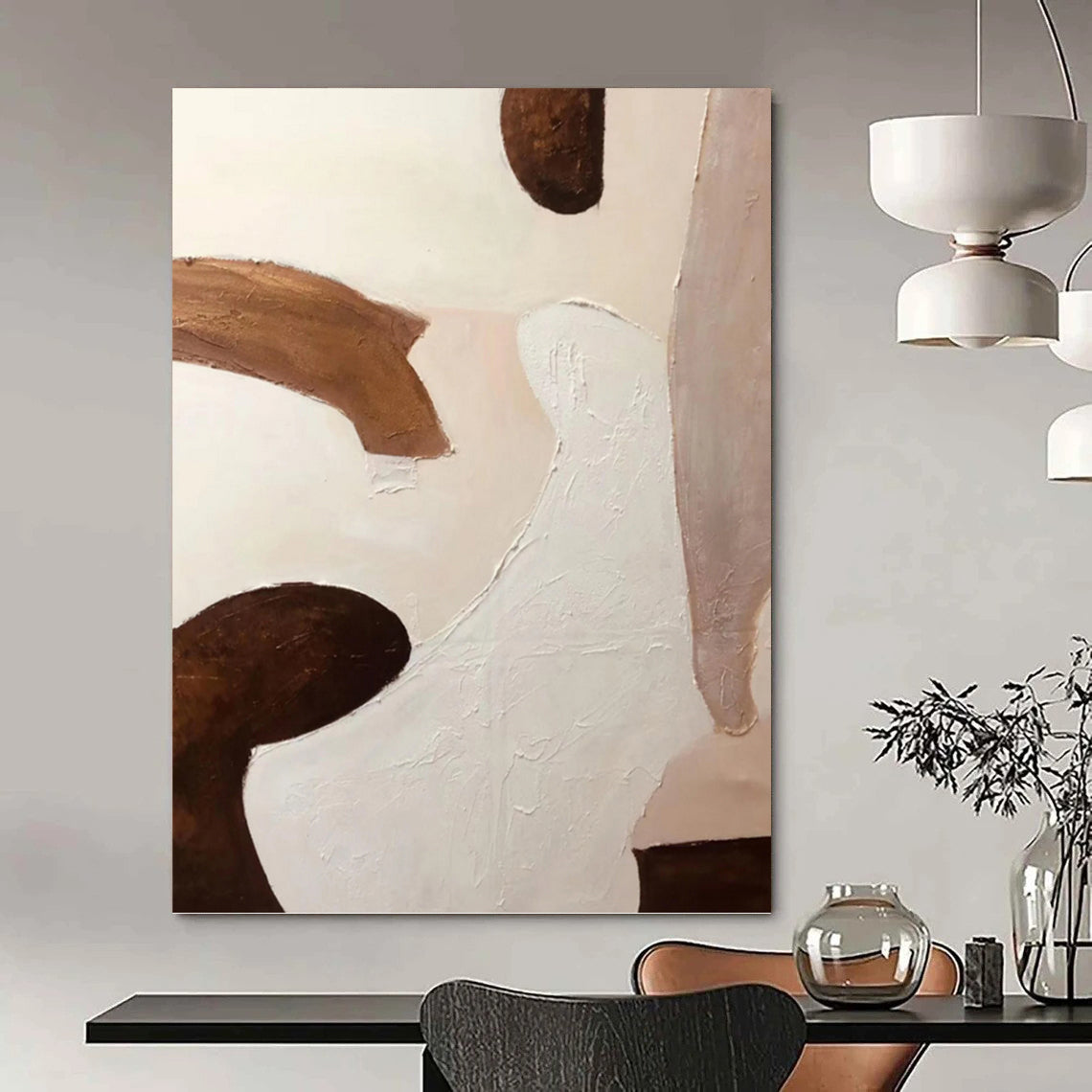 “White - Brown Textured Shapes” - Impasto Abstract Painting On Canvas PT1180