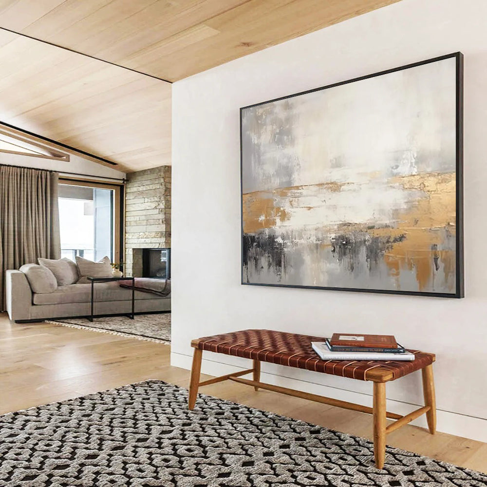 “Gray, Gold, and White Abstract Horizon” - Minimalist Abstract Painting On Canvas PT108