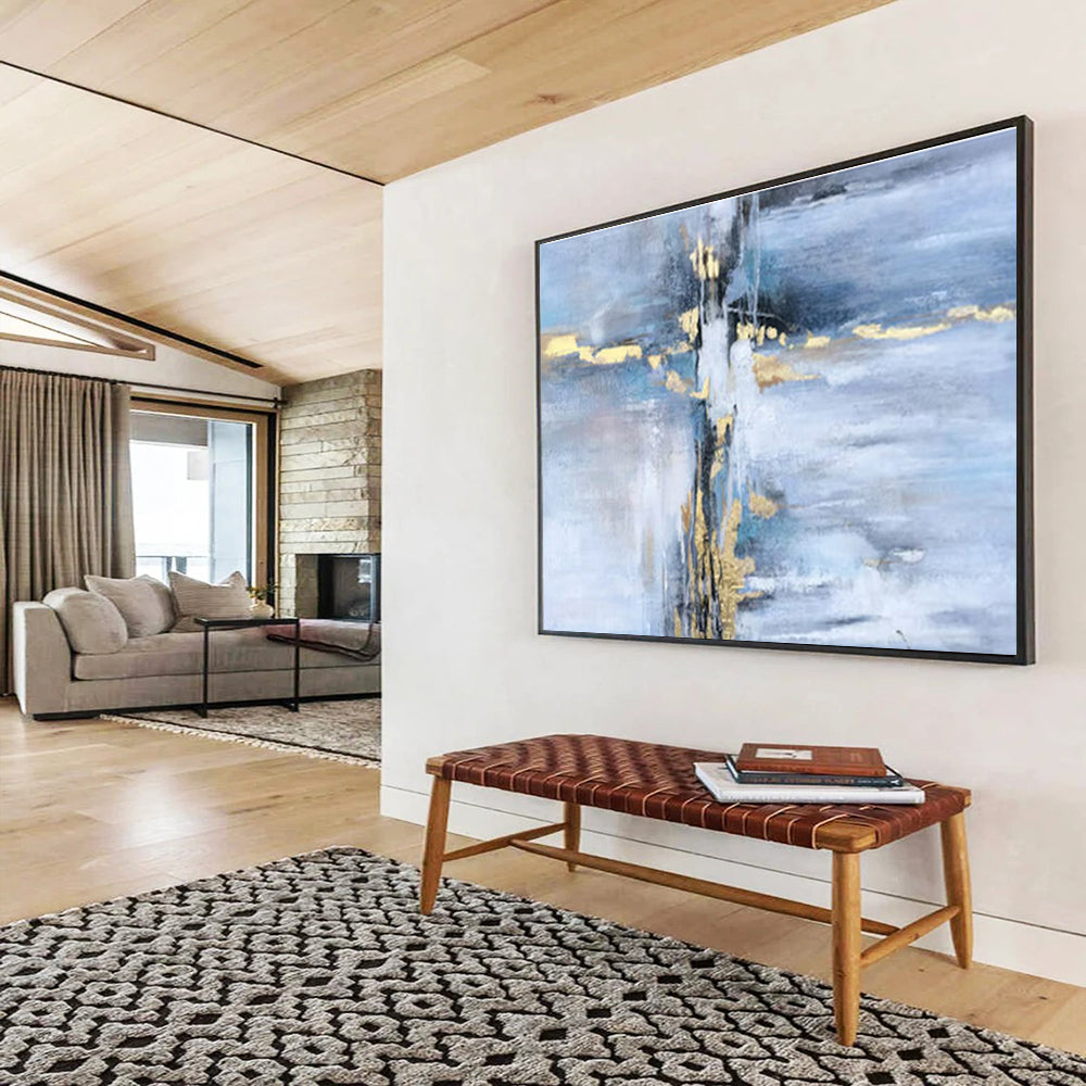 “Blue - Gold Abstract Streaks” - Cool Tones “Azure Gleam” Painting On Canvas PT1631