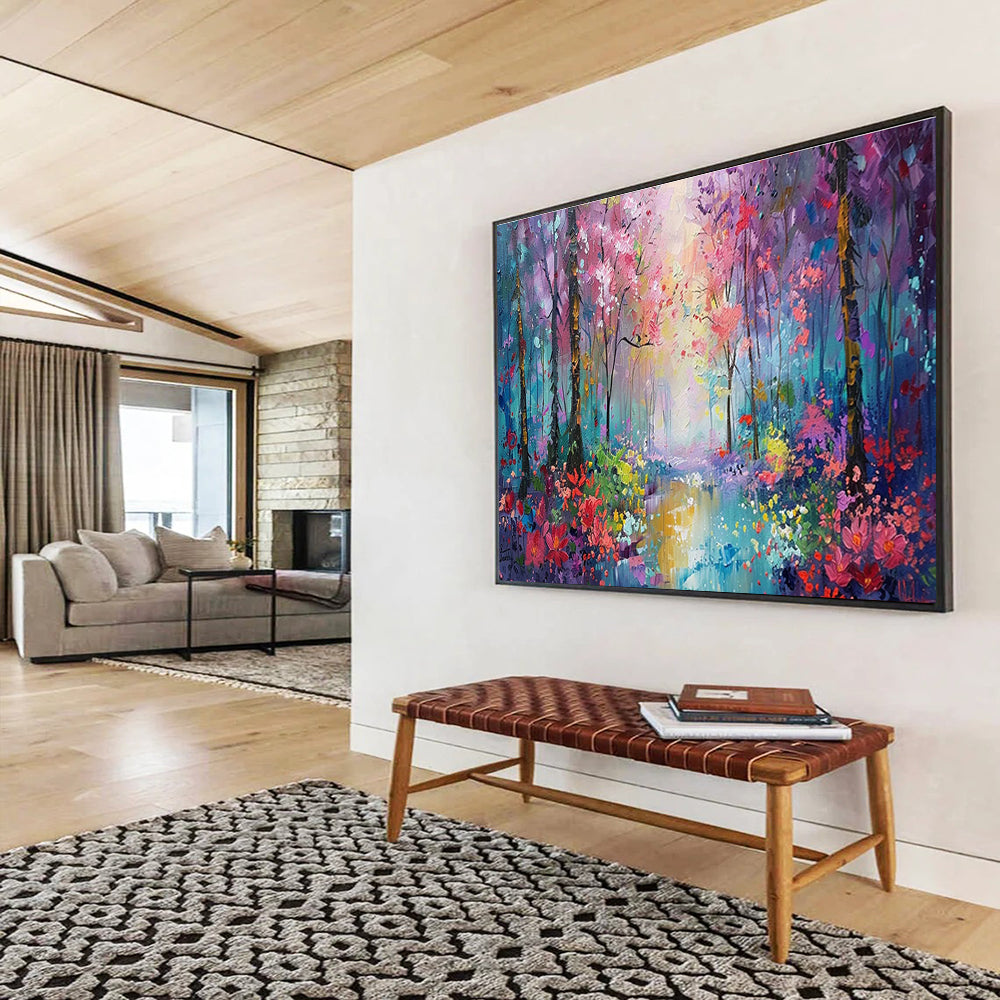 “Colorful Enchanted Forest” - Purple, Pink & Blue Landscape, Impressionistic Oil Painting On Canvas DKS765