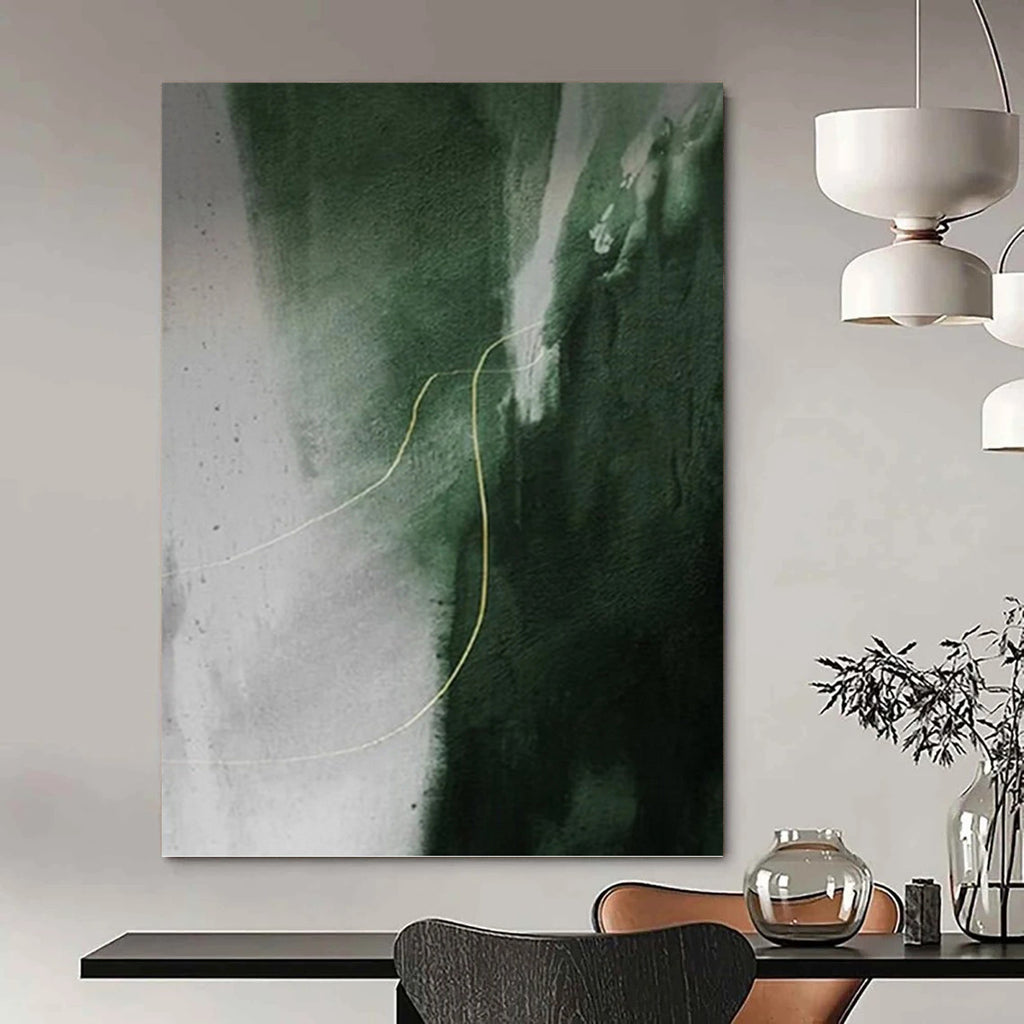 “Green - Grey Abstract with Gold Line” - Minimalist Abstract Painting On Canvas PT1209