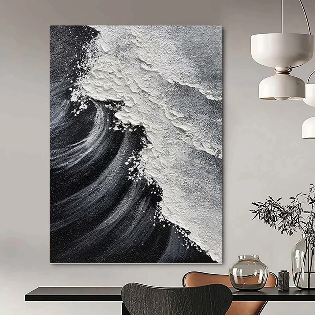 “Black and White Waves” - Seascape, Minimalist - Styled Painting On Canvas PT1658
