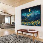 “Moonlit Mountain Blooms” - Blue, Yellow & Gold Landscape, Night Sky Oil Painting On Canvas DKS694