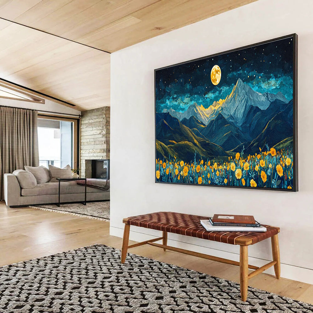 “Moonlit Mountain Blooms” - Blue, Yellow & Gold Landscape, Night Sky Oil Painting On Canvas DKS694