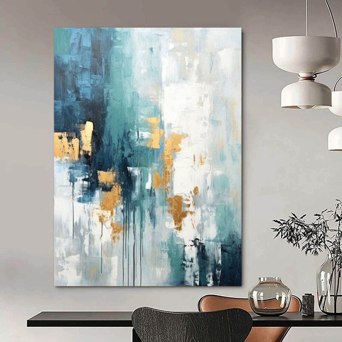 Teal, Gold, and White, "Aqua Gleam" – Abstract Expressionist Painting On Canvas PS1039