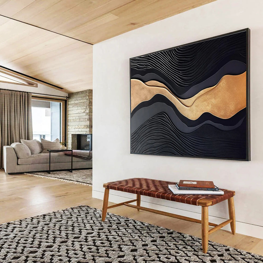 Black and Gold Textured Waves Contemporary Abstract Painting On Canvas DKS149