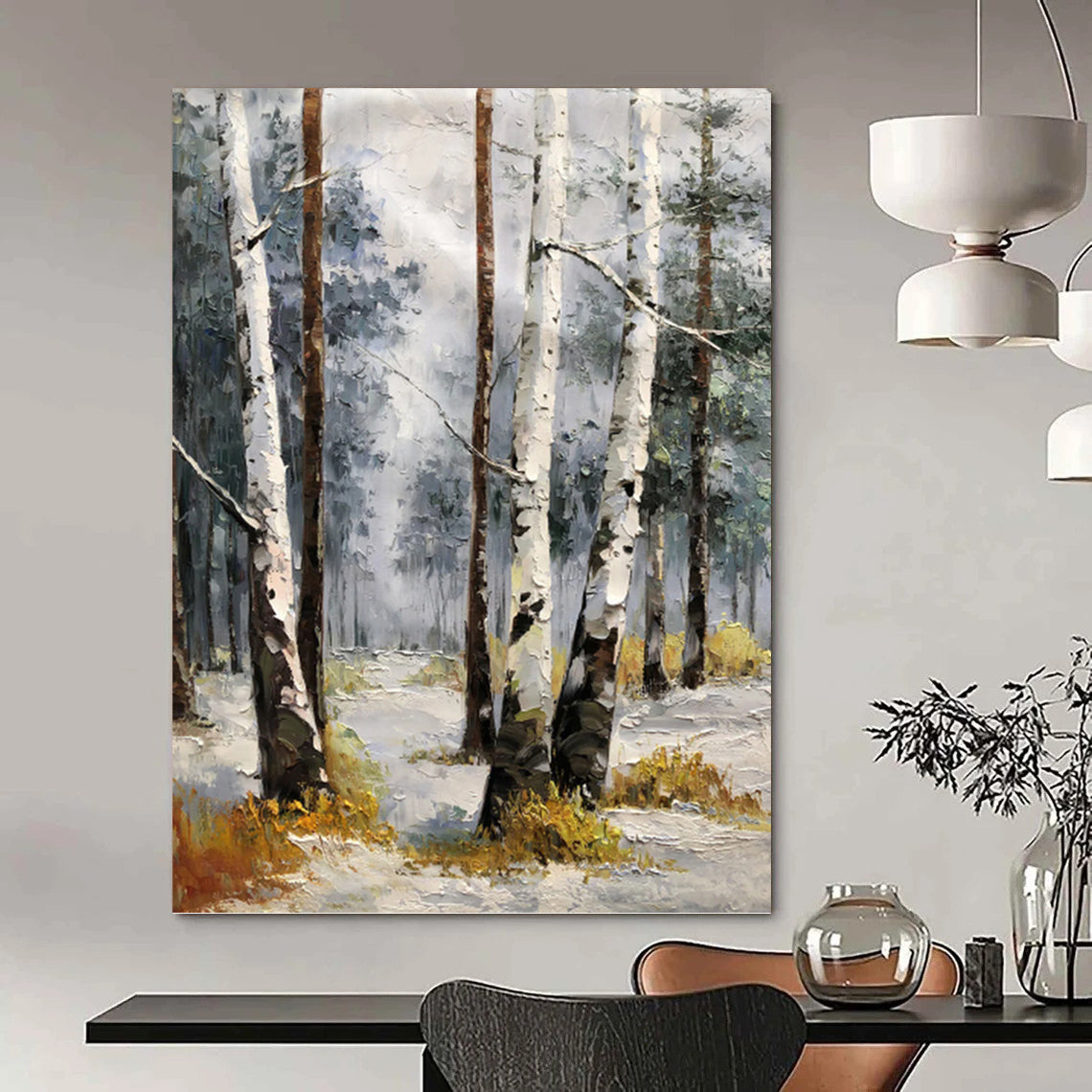 “White - Brown Winter Birch Forest” - Impressionist Landscape Painting On Canvas PT1276
