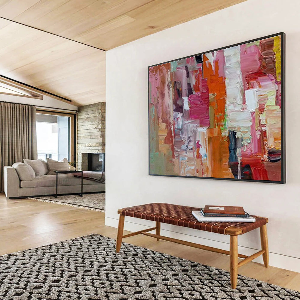 Vibrant Pink - Orange Abstract - Energetic Cubist - inspired Painting On Canvas DKS375