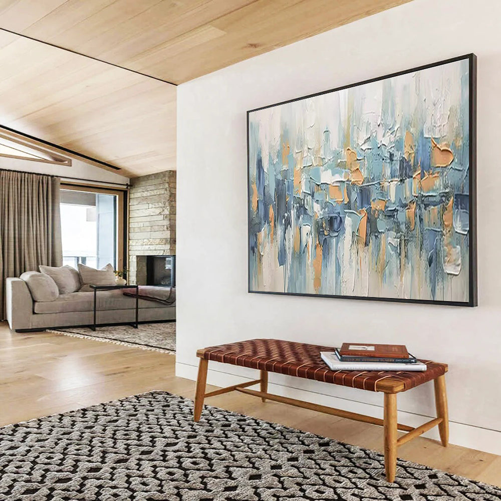 “Urban Rhythms” - Blue, Gray & Orange Abstract Cityscape, Textured City Oil Painting On Canvas DKS685