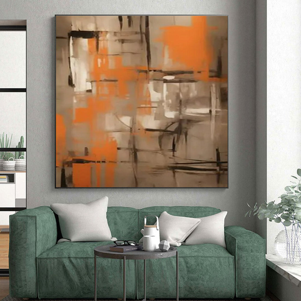 Orange & Grey Abstract Grid Painting On Canvas PS0816
