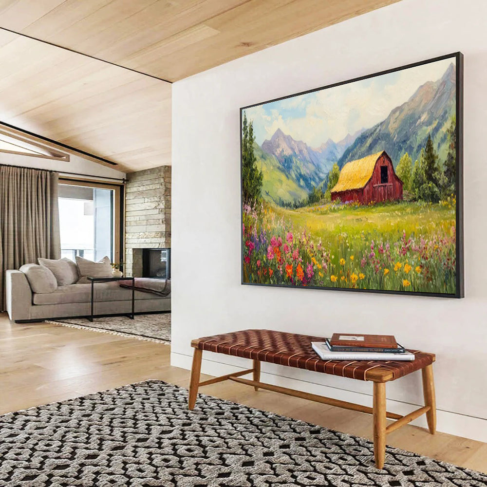 “Idyllic Mountain Barn” - Green, Yellow & Pink Landscape, Folk - Art Inspired Painting On Canvas DKS727