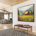 “Idyllic Mountain Barn” - Green, Yellow & Pink Landscape, Folk - Art Inspired Painting On Canvas DKS727