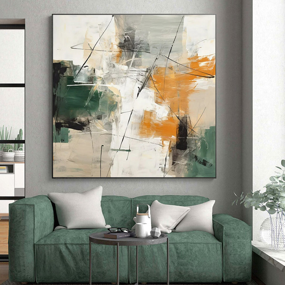“Green - Orange - Grey Abstract Dynamic Strokes” Painting On Canvas PS0841