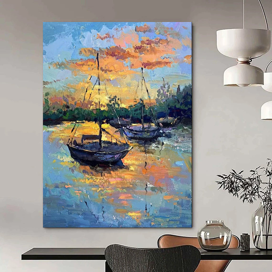 “Vibrant Impasto Sailboats at Dusk” - Impasto Landscape Painting On Canvas PT1894