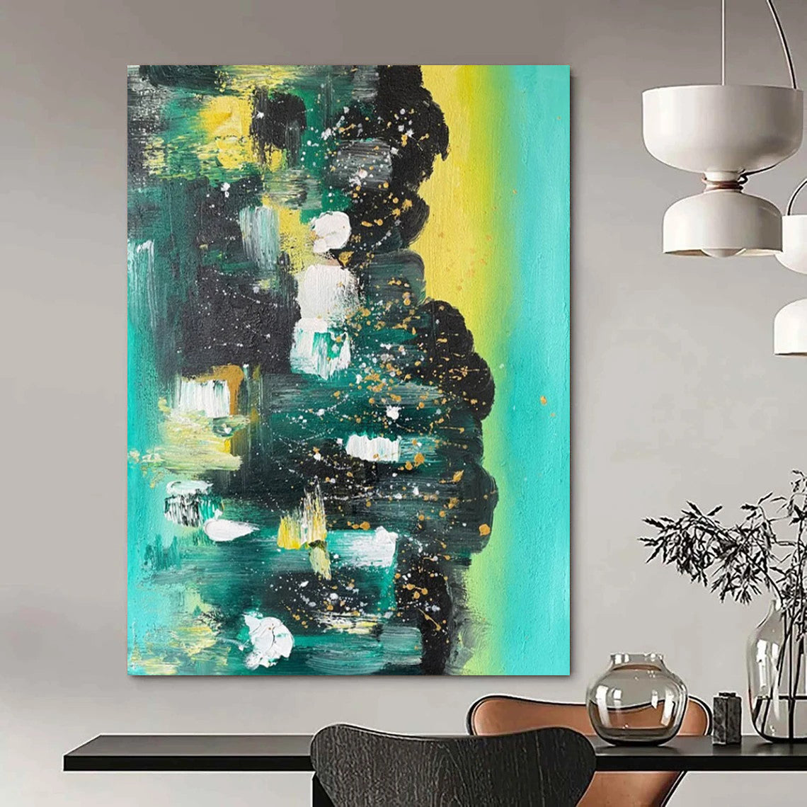 “Teal - Gold Abstract Splatter” - Abstract Expressionist Painting On Canvas DS038