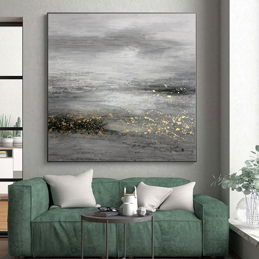 “Grey - Gold Abstract Misty Landscape” - Ethereal Landscape Painting On Canvas PS0345
