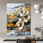 White, Gold, Gray with Textured Flowers "Gilded Blossom" Floral Painting On Canvas PS1254