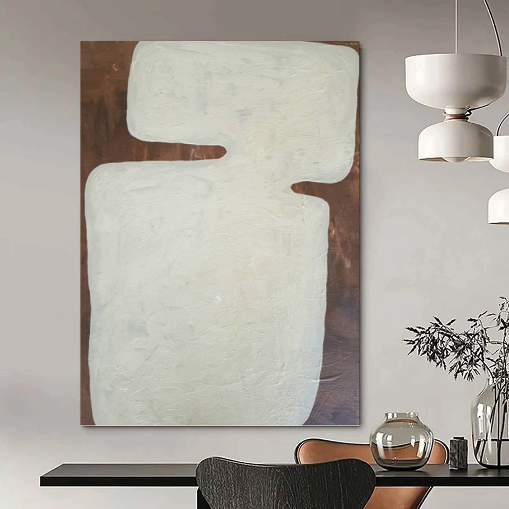 “White Geometric Form on Brown” - Textured Abstract Painting On Canvas PT1082
