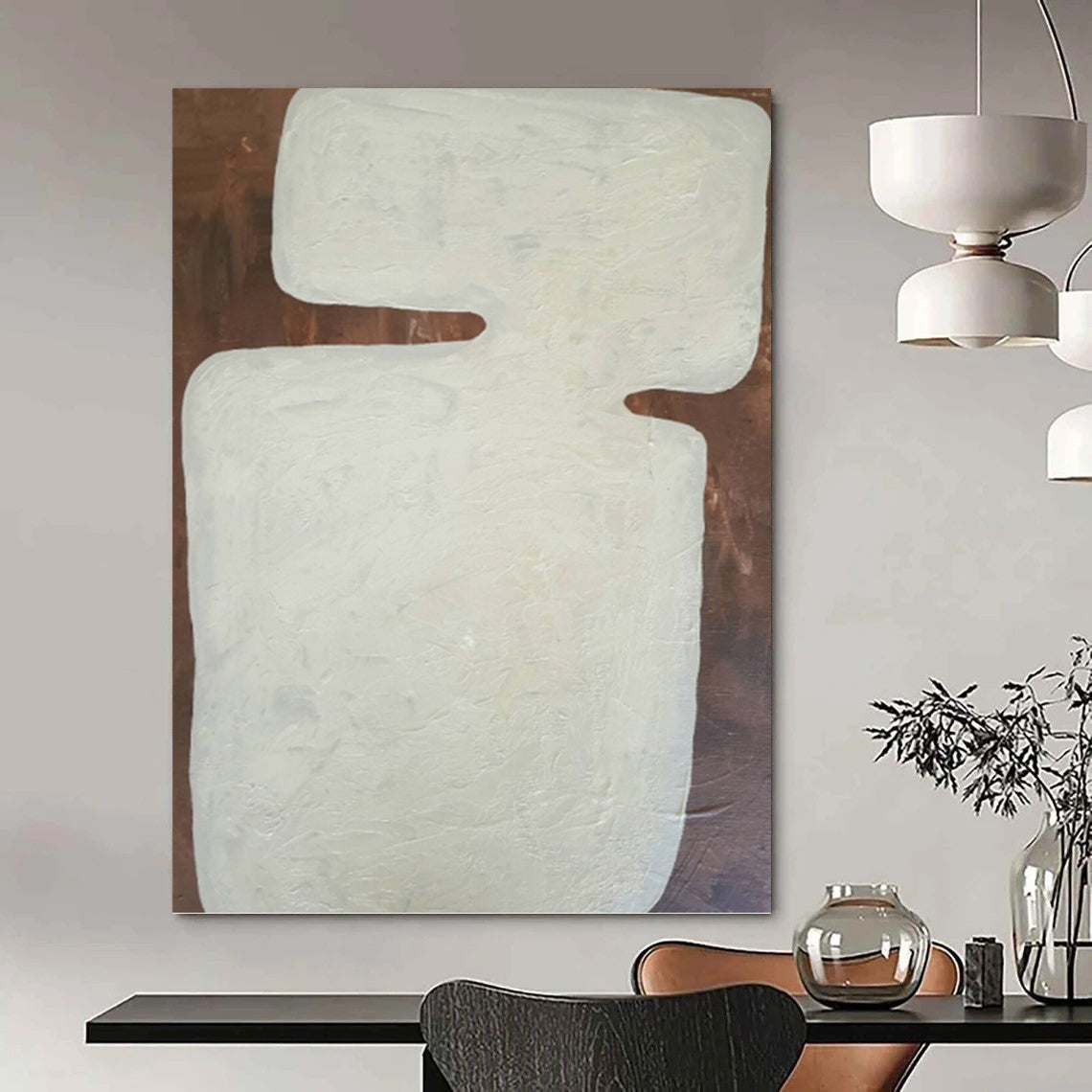 “White Geometric Form on Brown” - Textured Abstract Painting On Canvas PT1082