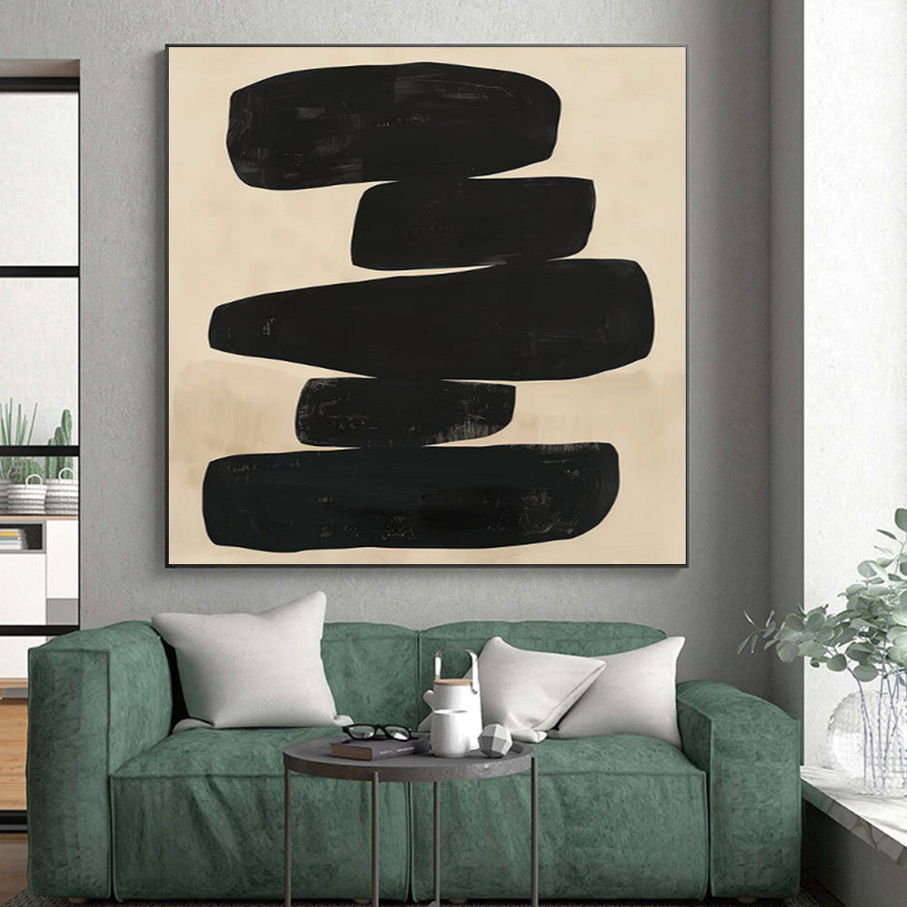 “Stacked Black Abstract Shapes on Beige” - Geometric Abstract Painting On Canvas PS0276