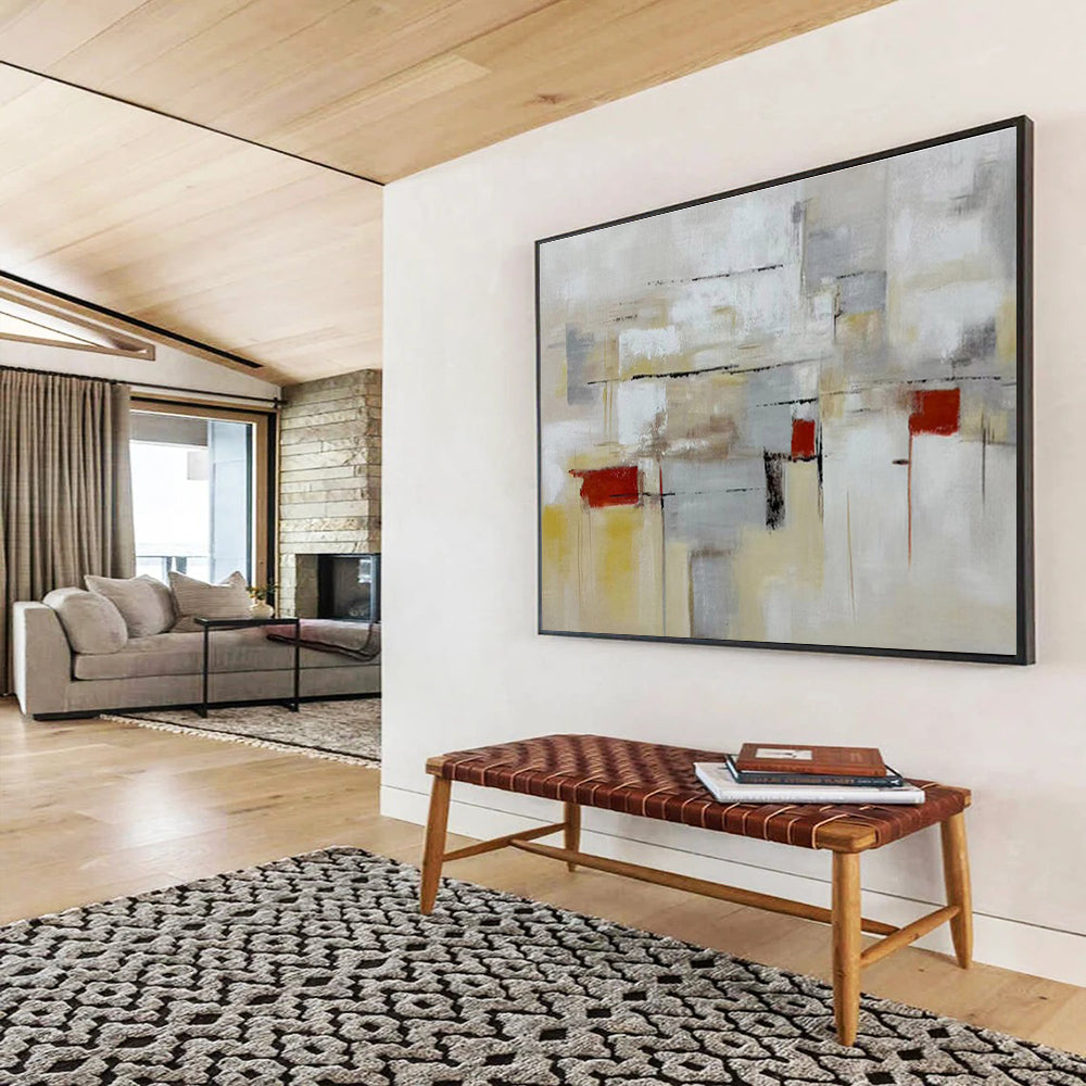 “Neutral - Toned Abstract City” - Gray, Yellow & Red Abstract, Urban - Inspired Oil Painting On Canvas DKS750