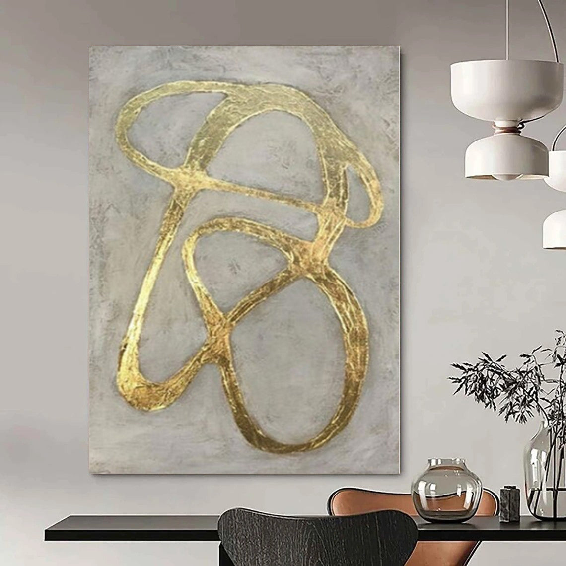 Gray with Gold Curved Lines "Elegant Twist" Luxe Abstract Painting On Canvas PS1097