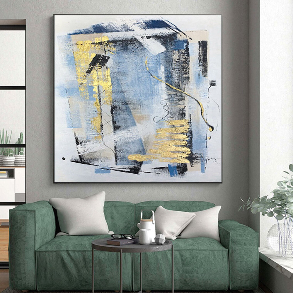 “Blue - Gold - Black Abstract Geometric Forms” - Luxe Abstract Painting On Canvas PS0311
