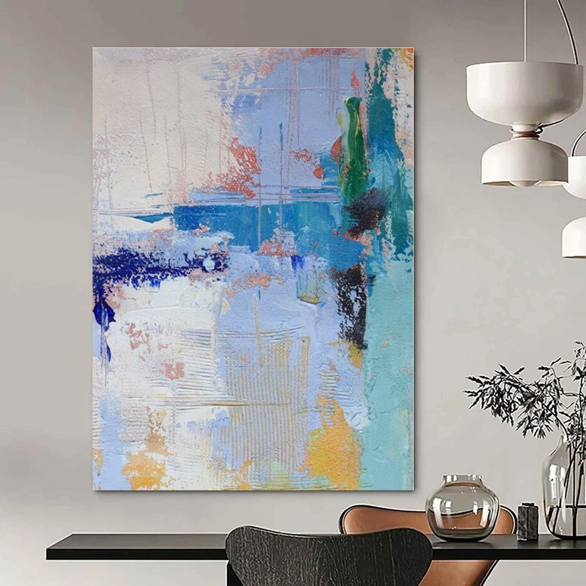 Blue, Green, Yellow, White with Playful Strokes "Seaside Crayon" Abstract Painting On Canvas PS1386