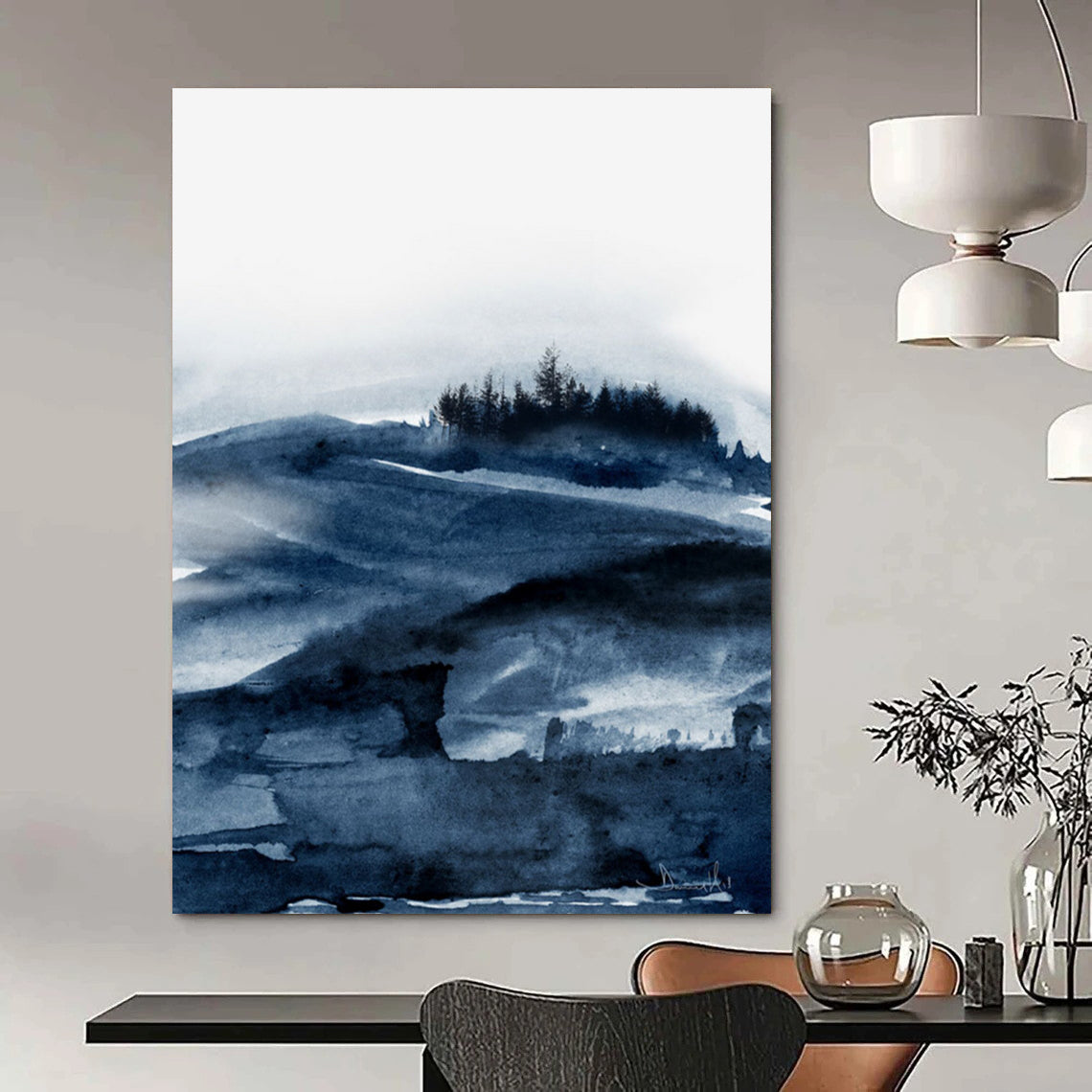 “Blue Watercolor Landscape” - Serene Hues with Misty Mountains Painting On Canvas DS230