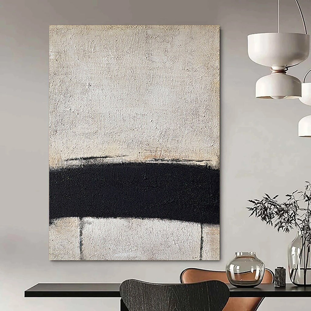 “Black and White Horizontal Line” - Minimalist Abstract Painting On Canvas DS353