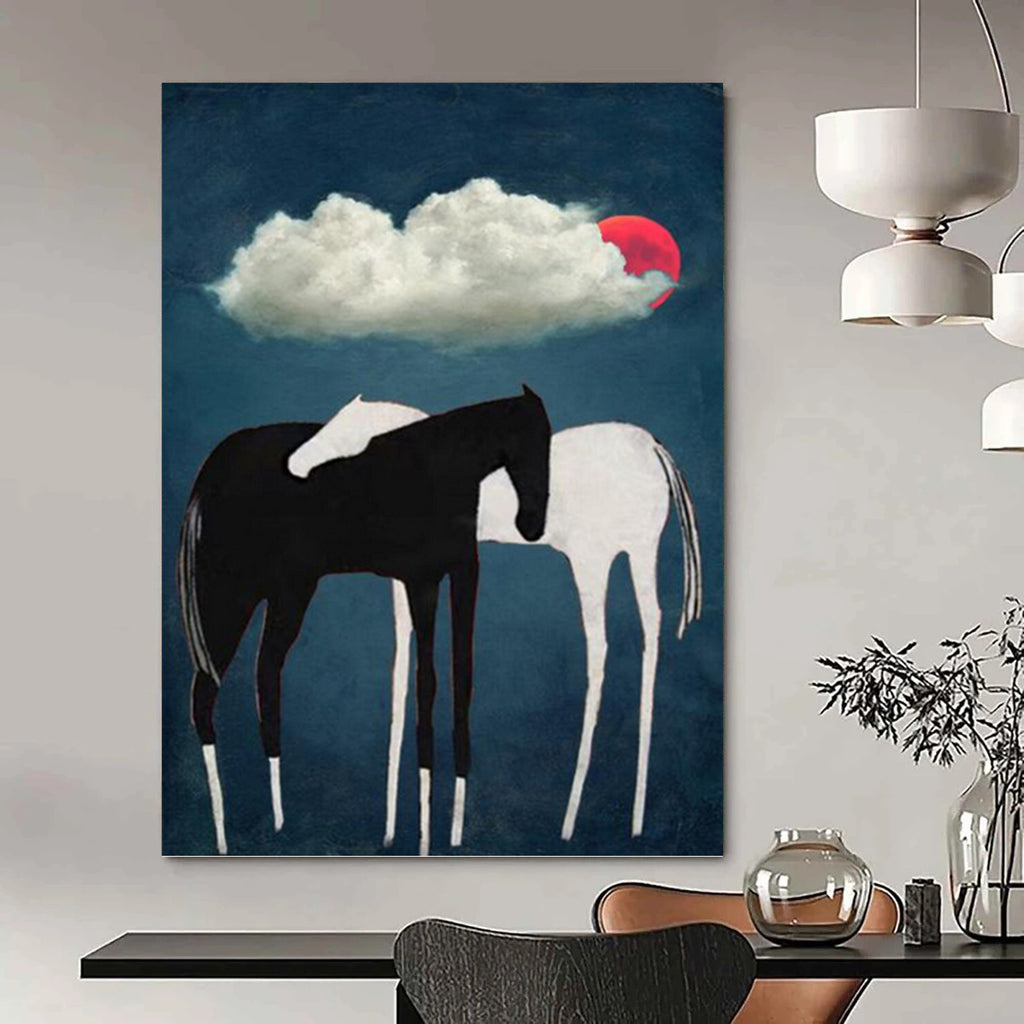 “Black & White Horses Under Red Moon” - Minimalist - Inspired Animal Painting On Canvas PT1418