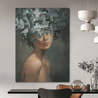 “Grey, Green, and White Fragmented Floral Head” - Abstract Figurative Painting On Canvas DS328