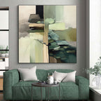 “Green - Neutral Abstract Layers” - Green, Neutral Tones Abstract Expressionist Painting On Canvas PS0743