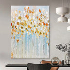 “Golden Blossom Trees” - White, Gold, Blue Floral Abstract Painting On Canvas PT1461