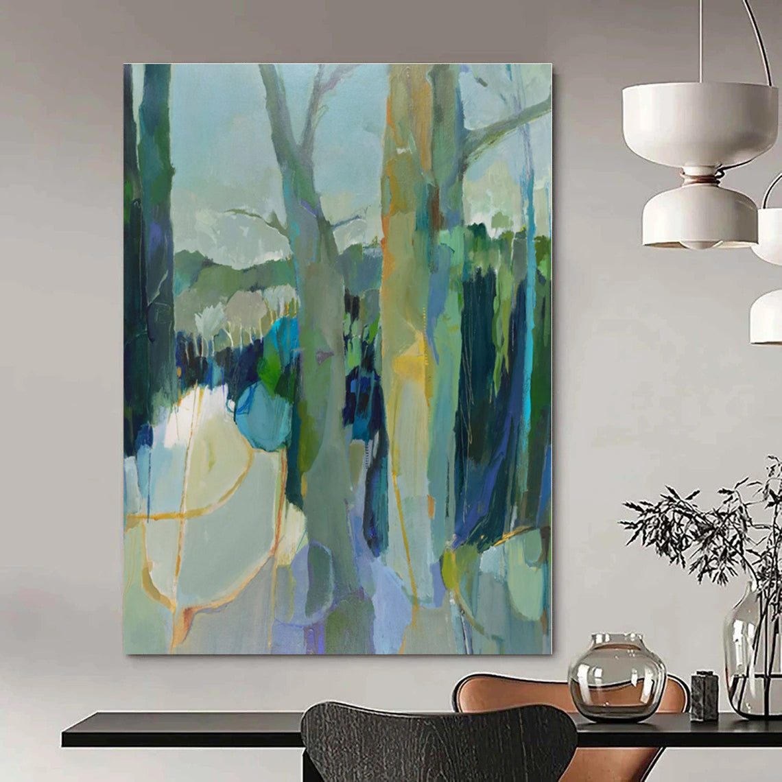 Green, Blue, Gray with Abstract Trees "Forest Reverie" Abstract Painting On Canvas PS1307