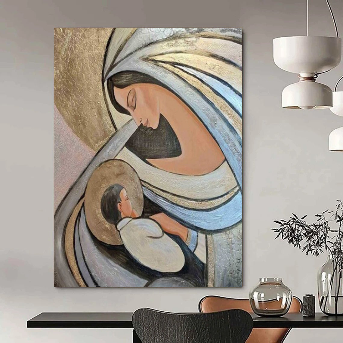 Soft Pastels with Religious Figures "Divine Embrace" Spiritual Painting On Canvas PS1195