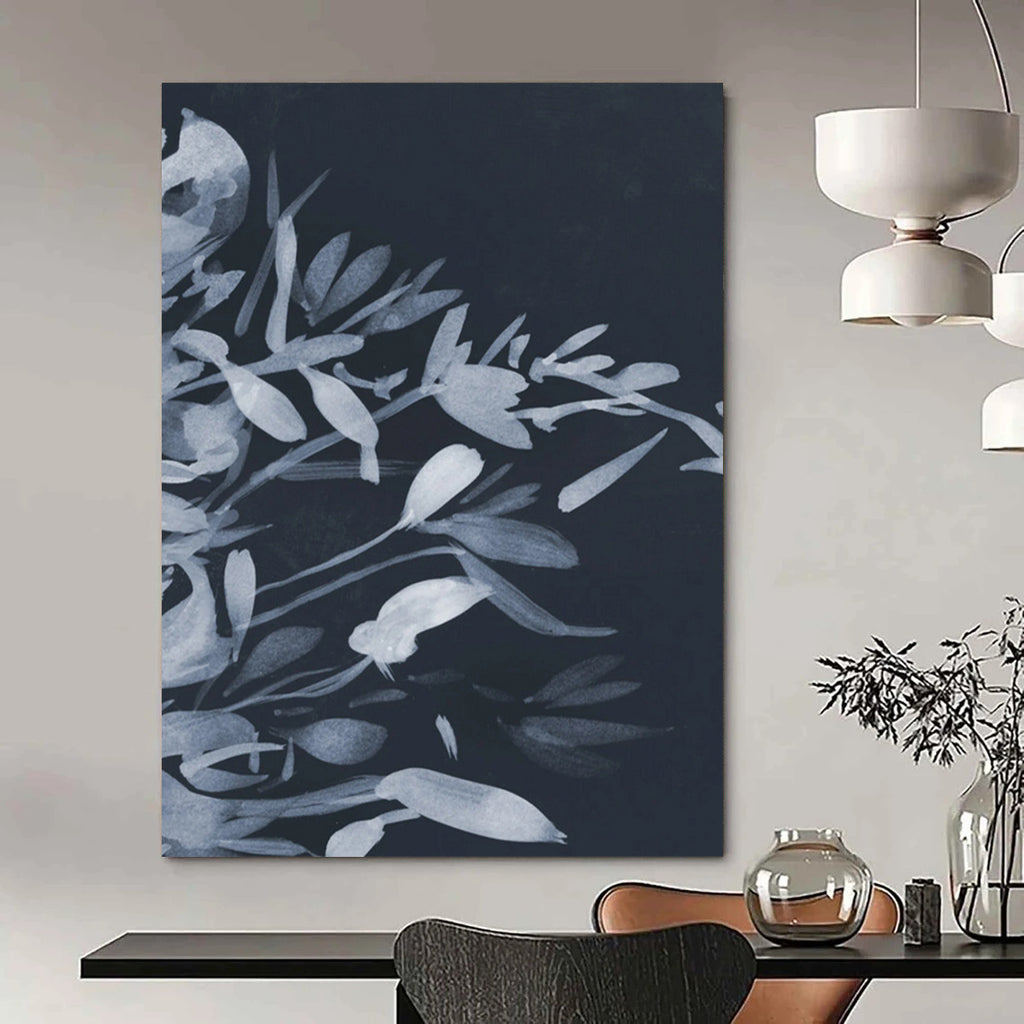 “Dark Blue Floral Silhouettes” - Delicate Plant Forms Painting On Canvas DS239