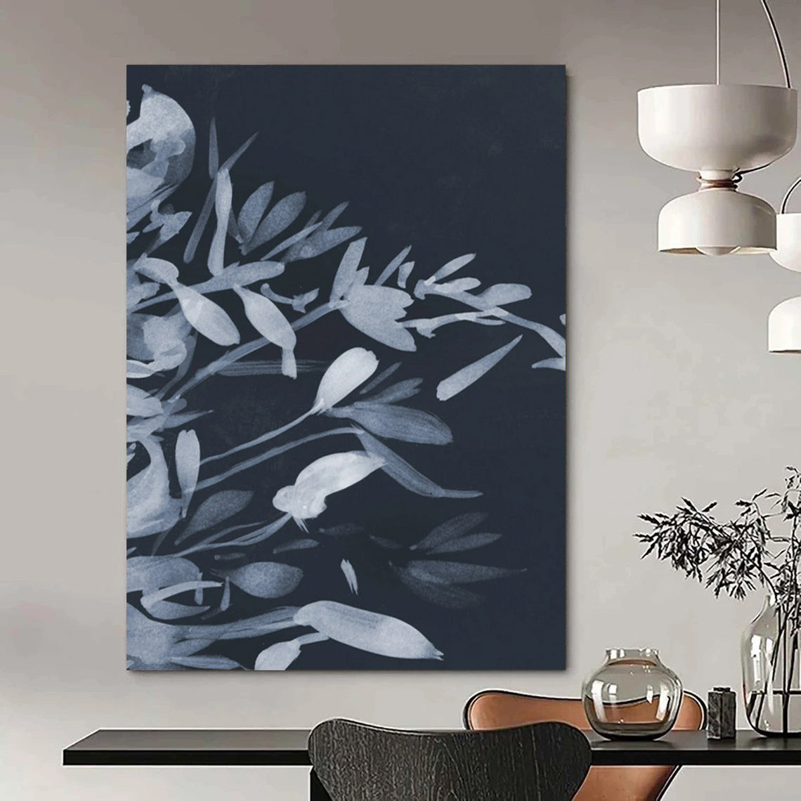 “Dark Blue Floral Silhouettes” - Delicate Plant Forms Painting On Canvas DS239