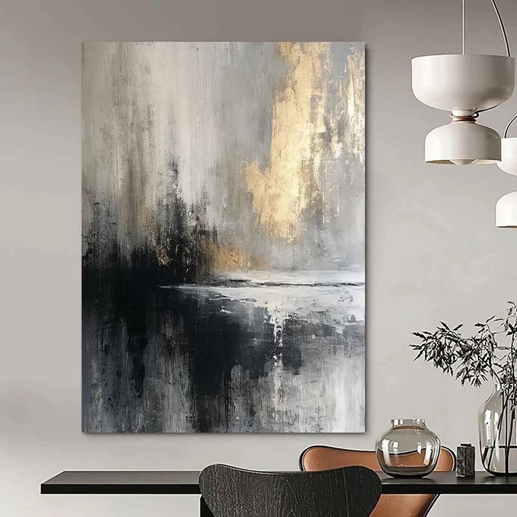 Gray, Gold, Black, and White, "Mystic Dusk" – Abstract Landscape Painting On Canvas PS1018