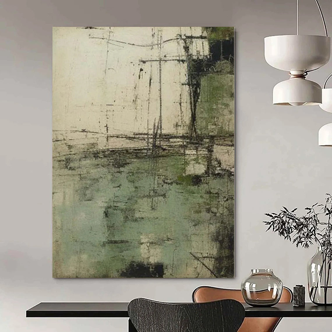 “Green - Gray Textured Abstract” - Rustic Abstract Painting On Canvas PS0160