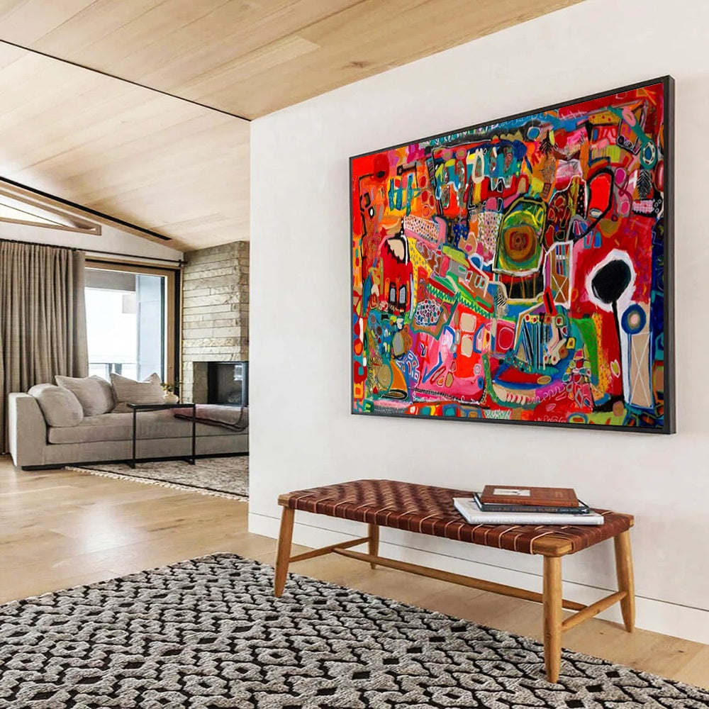 “Fiery Reds & Eclectic Shapes” - Abstract Pop - Inspired Painting On Canvas PT1680