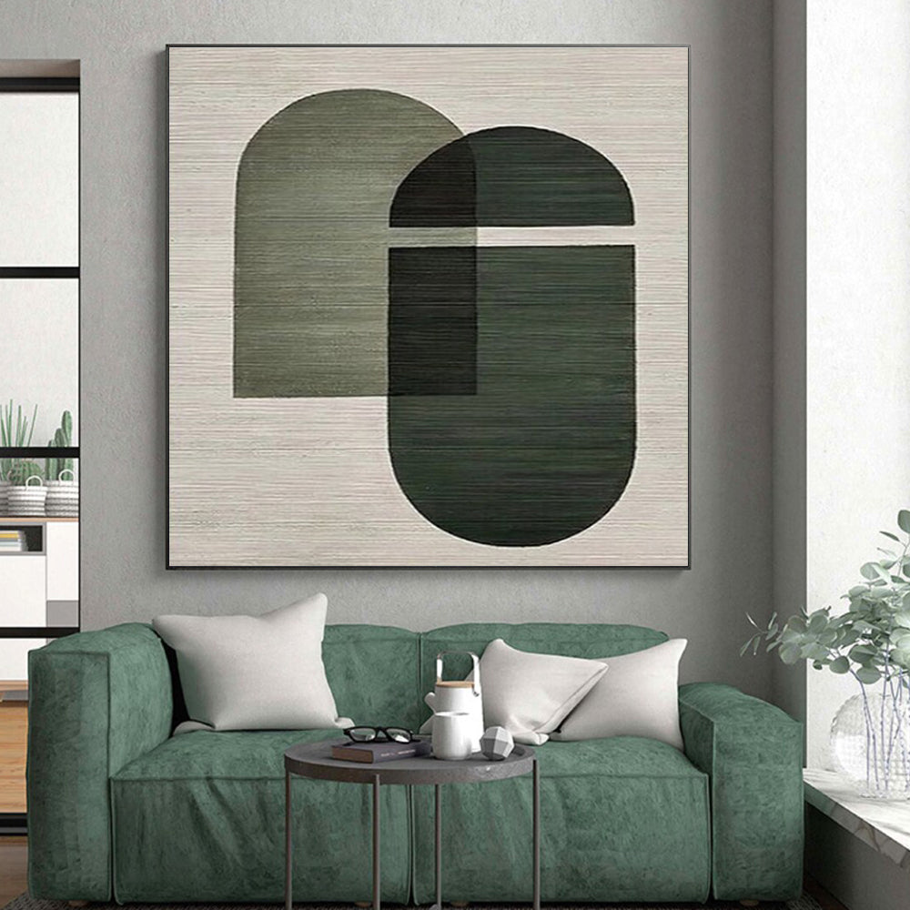 “Green Geometric Shapes” - Green, Gray Abstract Geometric Painting On Canvas PS0674