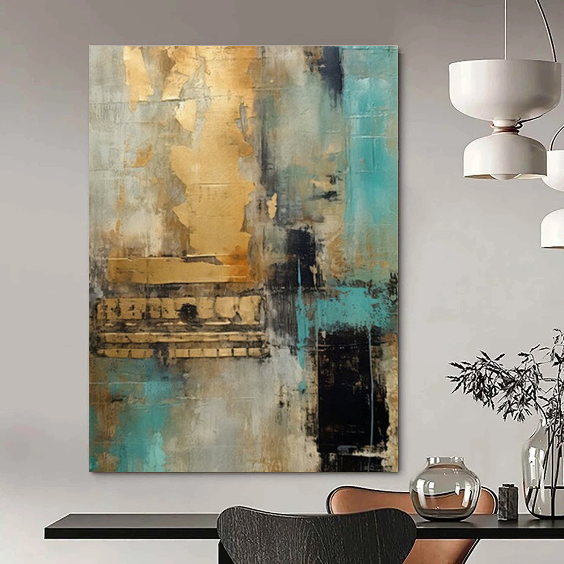 Gold, Teal, Gray with Textured Layers "Gilded Teal Dream" Abstract Painting On Canvas PS1281