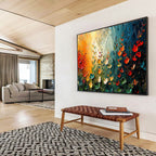 “Sunset Garden Fantasia” - Orange, Green & Red Floral, Textured Flower Palette Knife Painting On Canvas DKS687