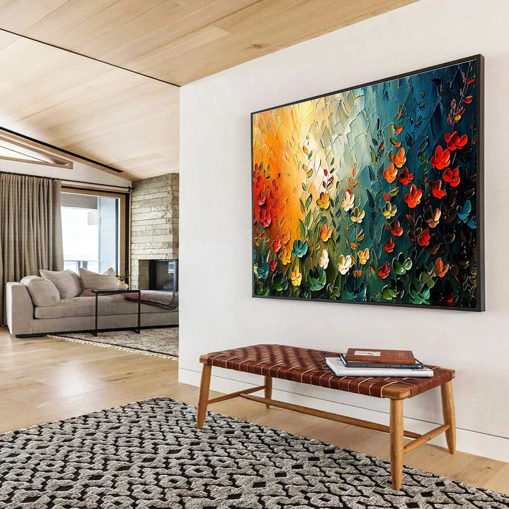 “Sunset Garden Fantasia” - Orange, Green & Red Floral, Textured Flower Palette Knife Painting On Canvas DKS687