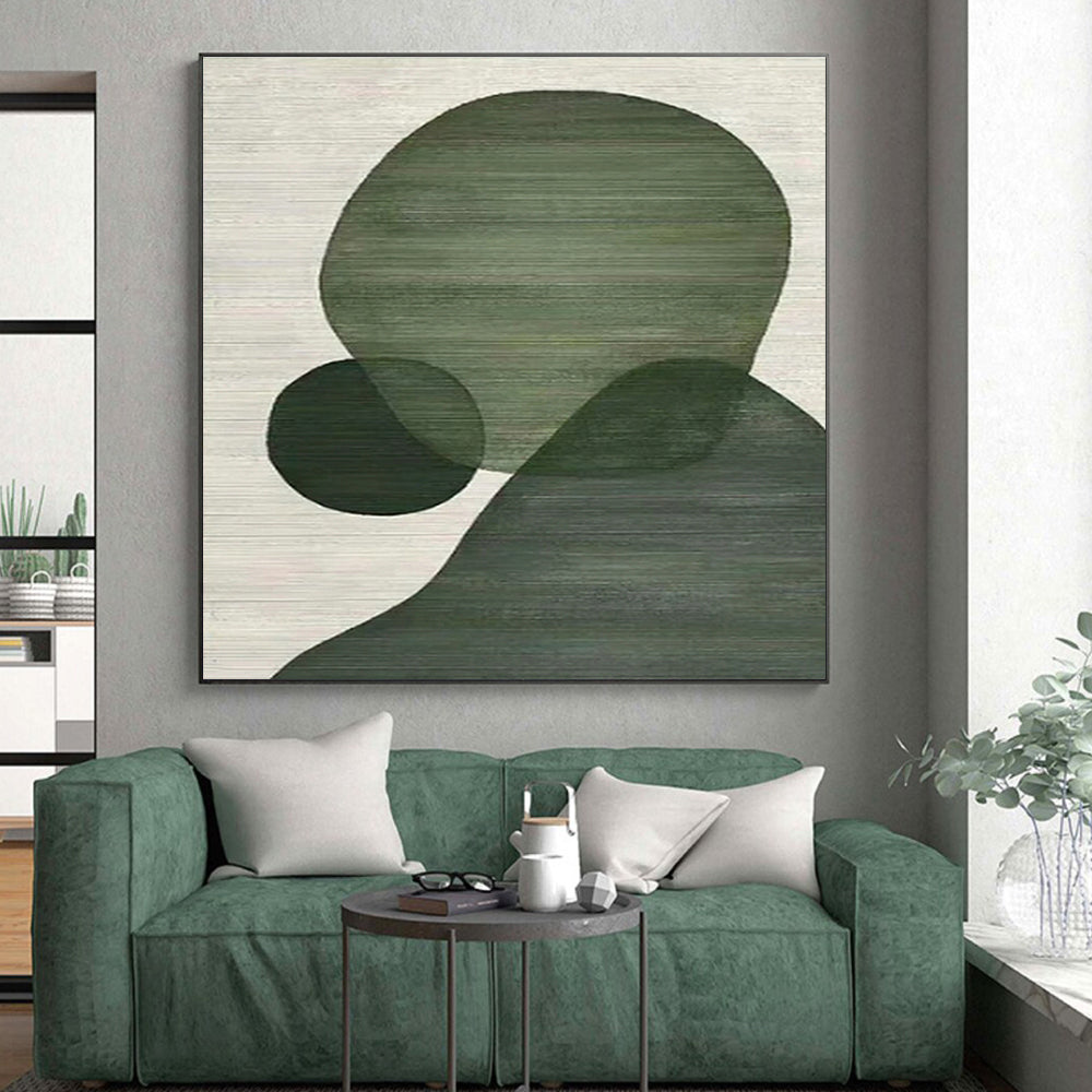“Green Geometric Shapes” - Green, White Abstract Geometric Painting On Canvas PS0593