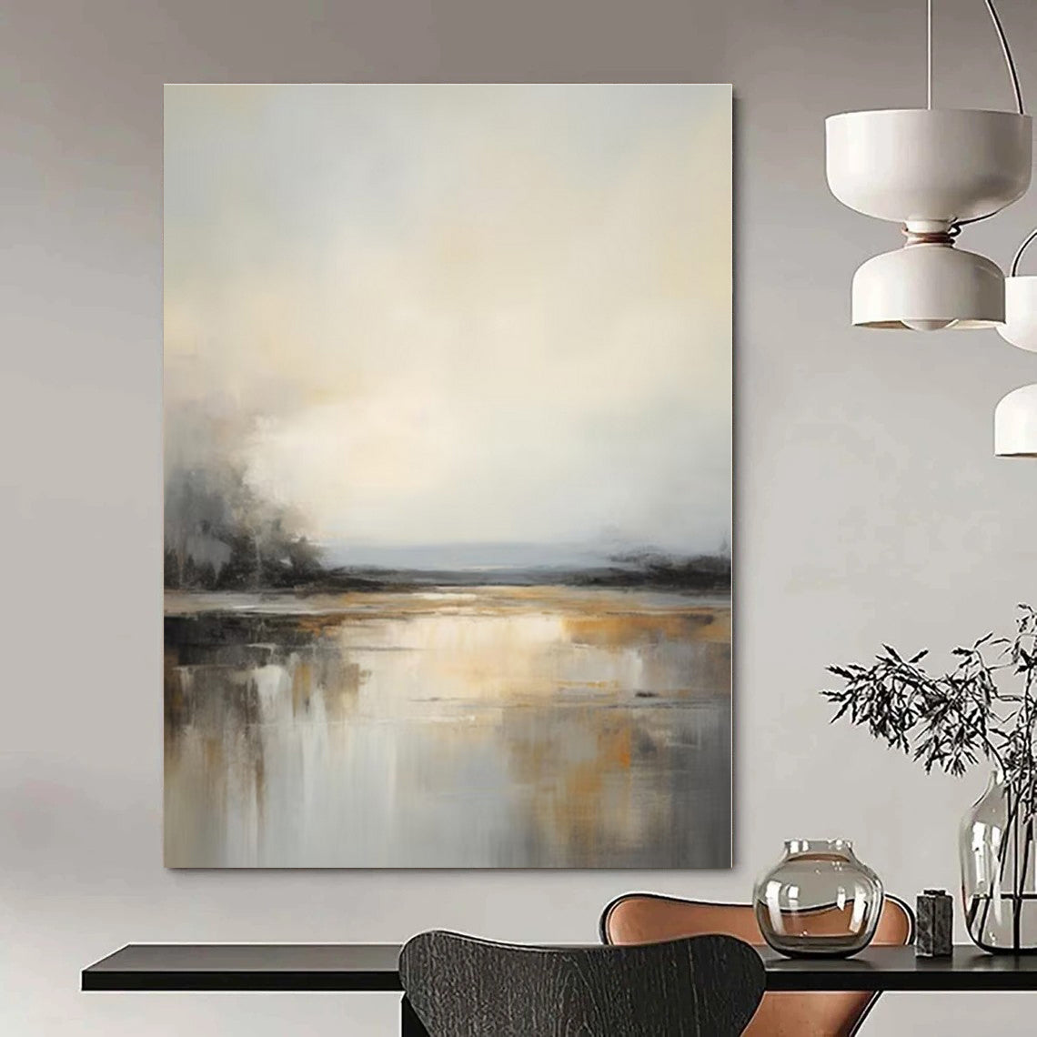 Gray, Beige, Gold with Reflective Landscape "Muted Reflections" Landscape Painting On Canvas PS1284