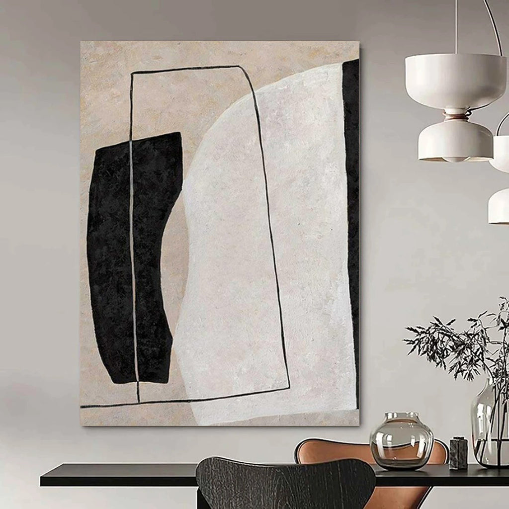 Beige, Black and White with Rectangular and Curved Forms "Form Fusion" Abstract Painting On Canvas PS1123