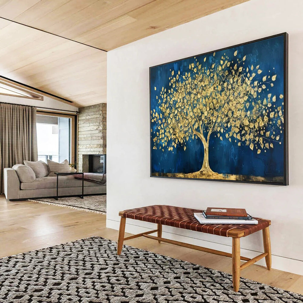 “Gold Tree on Blue” - Rich Gold “Golden Oasis” Painting On Canvas PT1620