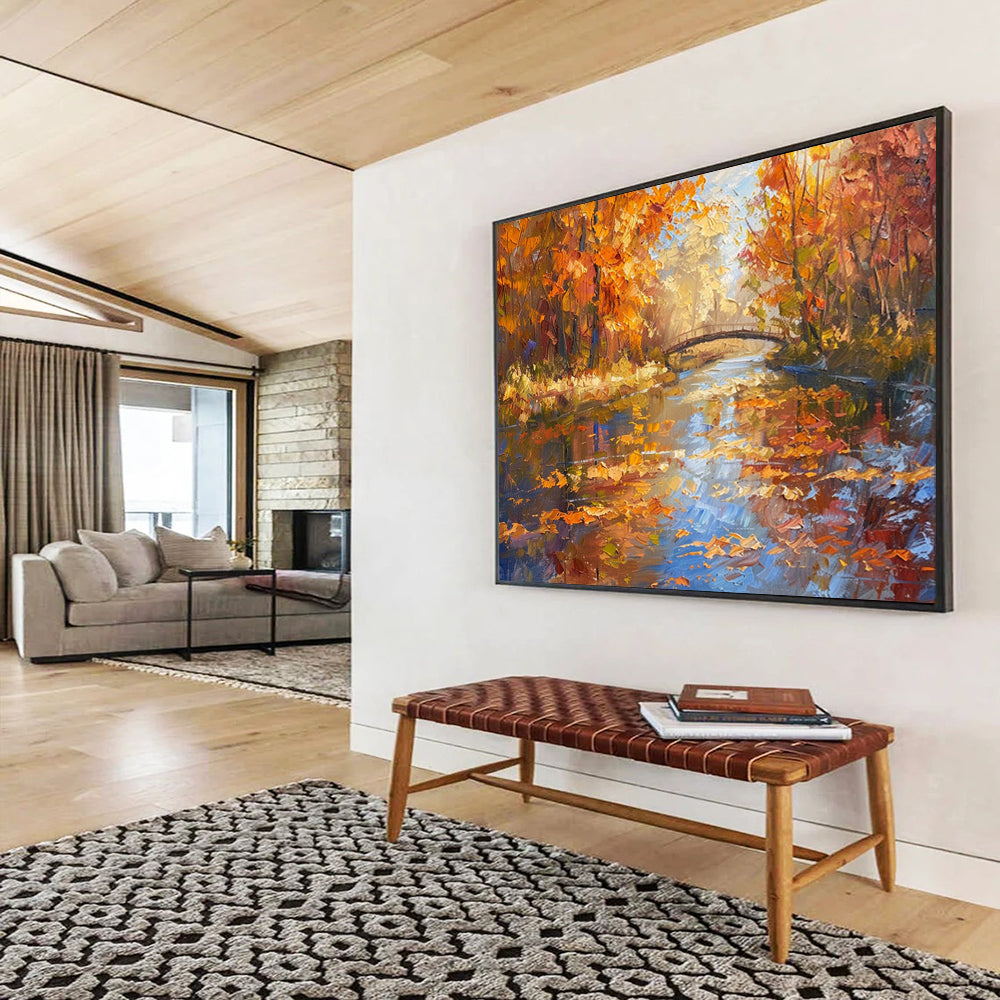 “Autumn River Walk” - Realistic Fall Landscape Painting On Canvas PT196